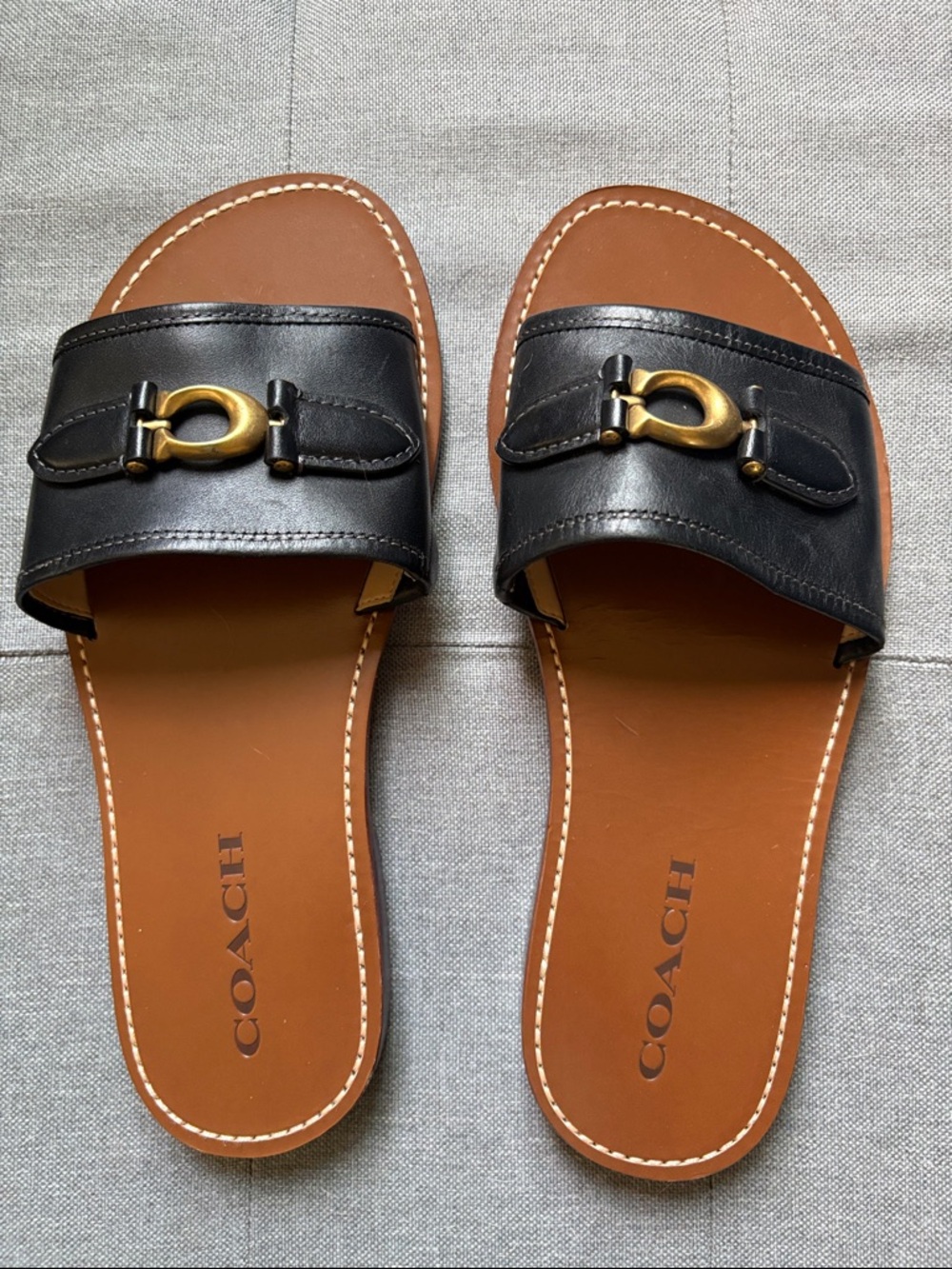 Coach Black Leather Slide Sandals with Gold Hardware 7.5